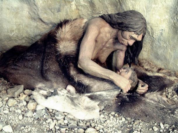 Neandertaler-Mutter und Kind (Anthropos-Pavillon, Brünn, Tschechische Republik)