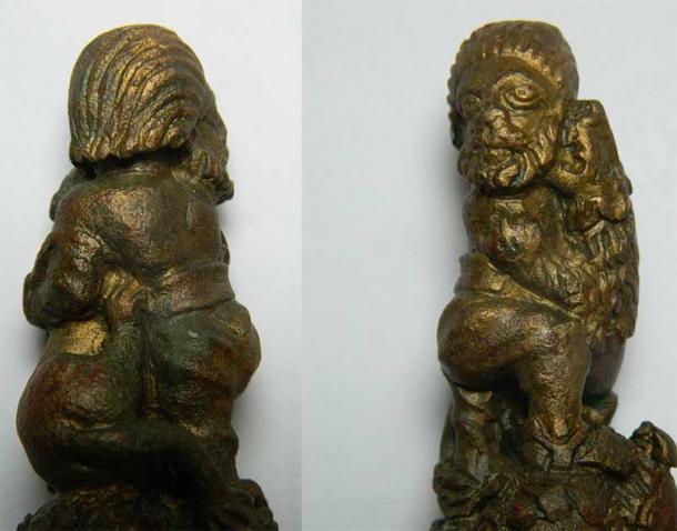 Die obere Hälfte des Bronze-Schlüsselgriffs aus dem römischen Britannien zeigt die Rück- und Vorderansicht des Mannes und des Löwen