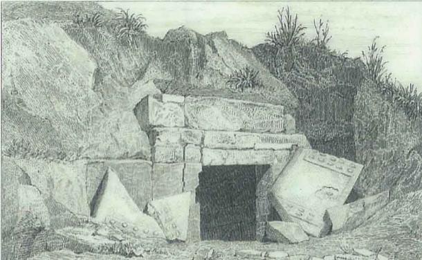 Zeichnung des Grabes der Olympias des französischen Architekten Pierre Jérôme Honoré Daumet, 1855.