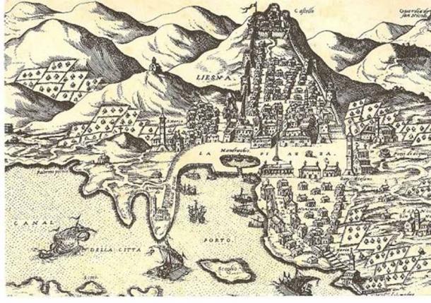 Ein Panorama der kroatischen Insel Hvar im Jahr 1571 von Giovanni Francesco Camotio