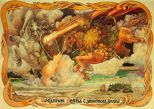 Die polabischen Slawen glaubten fest an das heidnische Pantheon, darunter Perun und Veles, die hier während ihrer legendären Schlacht dargestellt wurden. 