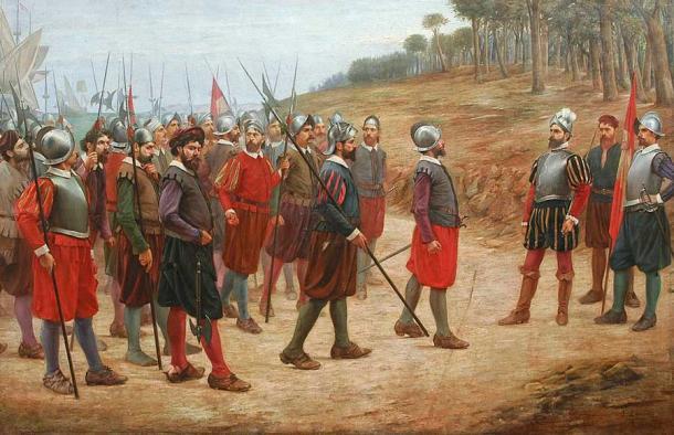 Francisco Pizarro, der seine Soldaten auffordert, die auf dem Boden gezogene Linie zu überschreiten, wenn sie ihre Expedition nach Peru fortsetzen wollten. Gemälde von Juan Lepiani. Pizarro wurde in seinem Palast in Lima durch ein Schwert getötet.