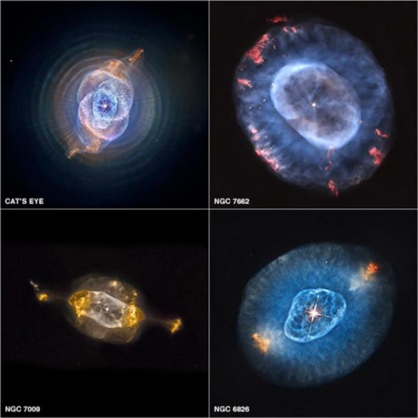 Vier verschiedene planetarische Nebel aus dem NGC-Katalog
