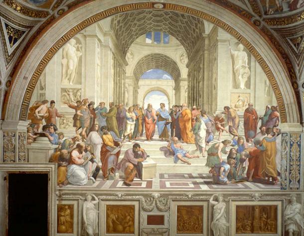 Platons Akademie: Die Schule von Athen von Raffael (1509-1510), Fresko im Apostolischen Palast, Vatikanstadt.