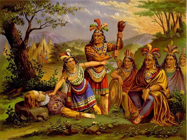 Pocahontas, eine der realen Personen, die in einer Disney-Geschichte dargestellt werden, rettet hier das Leben von Kapitän John Smith. 