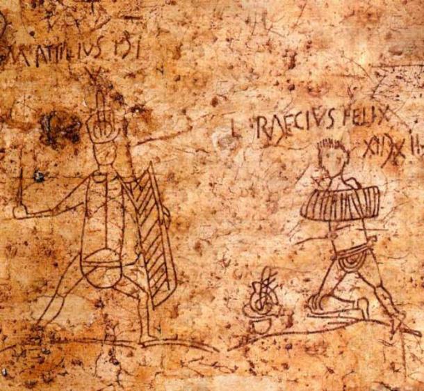 Pompejanisches Graffiti – zwei Thraeces, M. Attilius und L. Raecius Felix