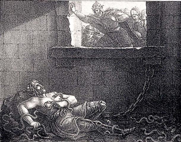 Ragnars Hinrichtung durch König Ælla in einer Schlangengrube. Radierung von Hugo Hamilton