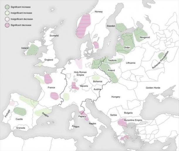 Regionale Szenarien der demografischen Auswirkungen der Pest. Die Farben spiegeln die Veränderungen der Getreidepollen-Indikatoren auf der Hundertjahresskala wider. Hintergrundkarte mit den politischen Grenzen des Europas des 14. Jahrhunderts. 