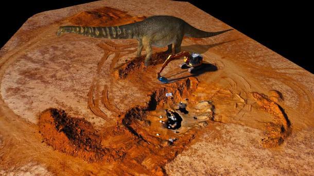 Ein rekonstruiertes Modell von Cooper, Australiens größtem Dinosaurier, neben einem großen Baumashine