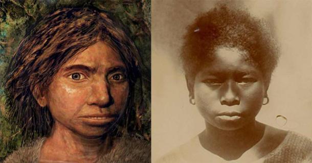 Links: Preisgekrönte Rekonstruktion des Gesichts der Denisovaner. (Maayan-Harel) Rechts: junges Aeta-Mädchen aus Mariveles, Bataan, im Jahr 1901