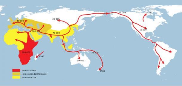 Route und Zeitpunkt der Migration nach der Out of Africa-Theorie 