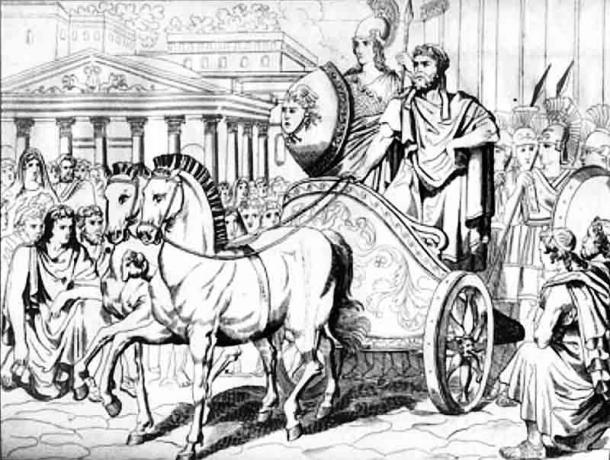 Peisistratus wird zum zweiten Mal Tyrann von Athen, dieses Mal in Begleitung von "Athena". Hier wird er von den Bürgern der Stadt bei seiner triumphalen Rückkehr begrüßt und nicht bei seiner letzten.
