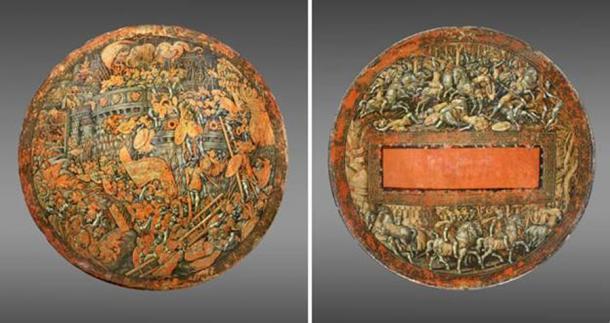 Schild mit der Darstellung der Erstürmung von Neu-Karthago, hergestellt in Italien 1535. Von Girolamo di Tommaso da Treviso.