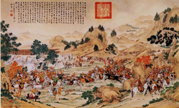 „Sturm des Lagers in Gädän-Ola“ - eine Schriftrolle, die einen Überfall im Jahr 1755 zeigt, bei dem der Kalmuk Ayusi, der auf die chinesische Seite gegangen war, Dawa Achis Lager auf dem Berg Gadan angreift.
