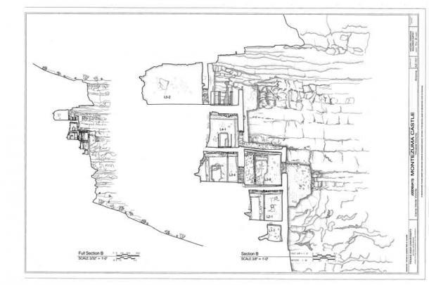 Seitenplan der Strukturen von Schloss Montezuma auf fünf Ebenen