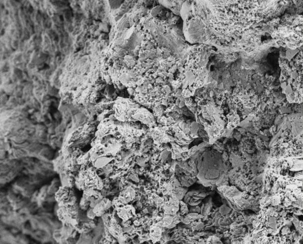 Sekundärelektronenbild eines kohlenstoffhaltigen Chondritenmeteoriten bei 10.000-facher Vergrößerung