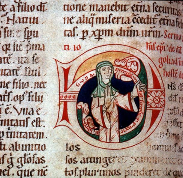Selbstporträt von Guda, einer Nonne aus dem 12. Jahrhundert. Ihre Inschrift lautet: "Guda, peccatrix mulier scripsit et pinxit hunc librum", übersetzt mit "Guda, eine sündige Frau, hat dieses Buch geschrieben und gemalt."