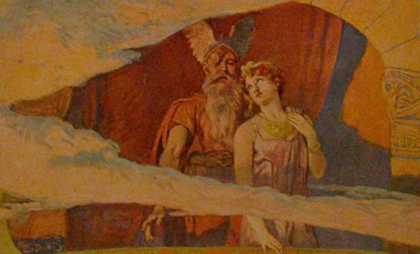 Die skandinavischen Götter Wodan und Frigga der frühen Langobarden blicken vom Himmel auf die Winnili-Frauen herab, nach einem Gemälde von Emil Doepler aus dem Jahr 1905.