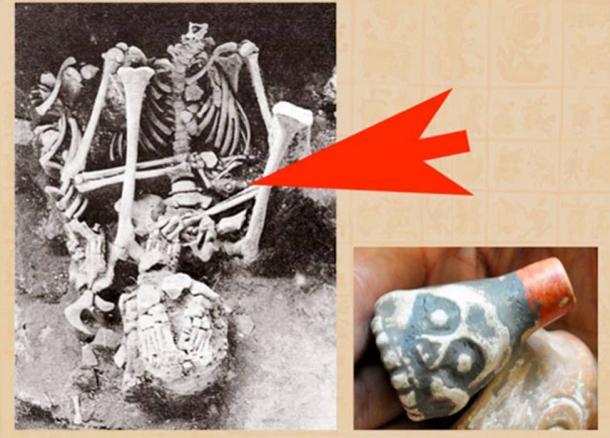Skelett eines Mannes, der im Windgott-Tempel von Tlatelolco begraben wurde, mit einer aztekischen Totenpfeife (Pfeil). 