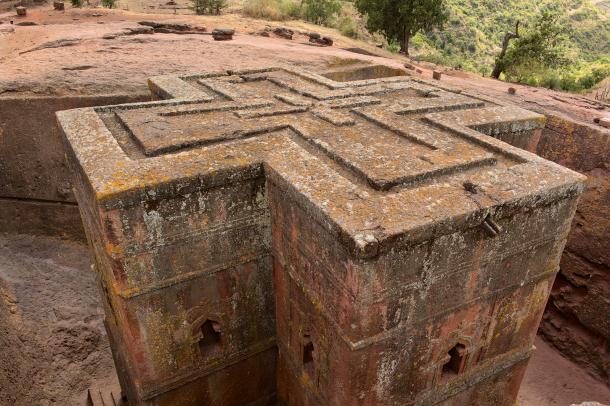 Einzigartige monolithische, in den Fels gehauene St. Georgs-Kirche, Lalibela, Äthiopien.