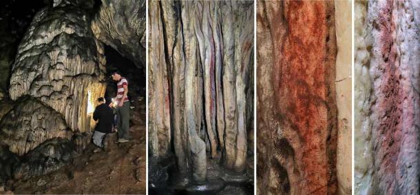 Der Stalagmitenabschnitt in der Ardales-Höhle in Málaga (Spanien), der mit rotem Ocker bemalt wurde, ist wahrscheinlich die älteste Neandertalermalerei, die jemals in einer europäischen Höhle gefunden wurde.