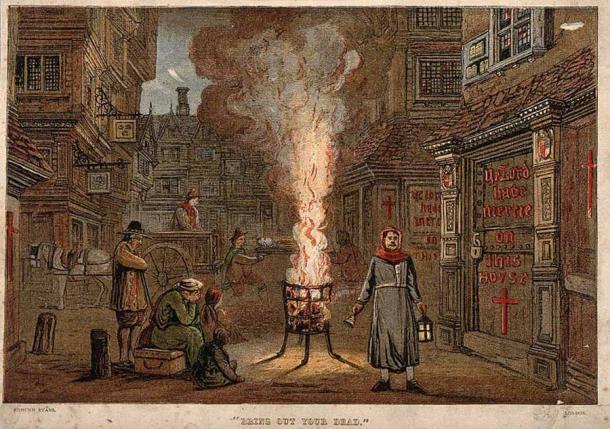 „Bring Out Your Dead!“ Eine Straße während der Großen Pest in London, 1665, mit einem Totenwagen und Trauernden.