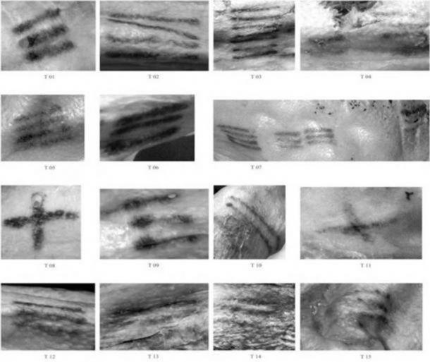 Einige der Tätowierungen von Ötzi, einem 5.300 Jahre alten Mann aus dem Eis, der 1991 in den italienischen Alpen gefunden wurde