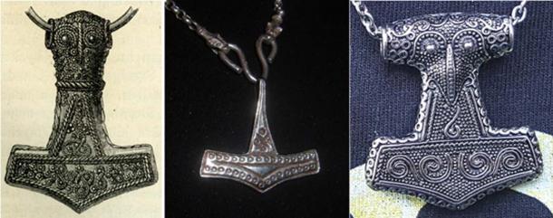 Von links nach rechts: Thors Hammer aus Bredsättra: Ein 4,6 cm großer Anhänger aus vergoldetem Silber mit Mjolnir aus dem Kirchspiel Bredsättra, Hundertschaft Runsten, Gemeinde Borgholm, Öland, Bezirk Kalmar, Schweden (Public Domain). Hammer-Anhänger aus Rømersdal, Bornholm (CC BY-SA 3.0). Eine Kopie des Thorshammer-Anhängers aus Skåne (CC BY-SA 4.0)