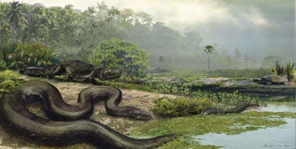 Titanoboa mit einem Saurier und einer Schildkröte