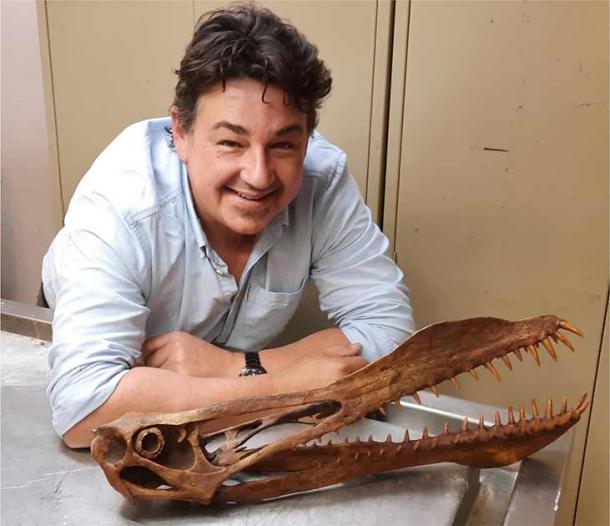 Tim Richards, Doktorand an der University of Queensland, posiert mit einem Modell des australischen Flugsauriers, das aus dem fossilen Kiefer des Tieres rekonstruiert wurde, den Len Shaw, ein lokaler Fossiliensammler, im Juni 2011 in einem Steinbruch nordwestlich von Richmond fand