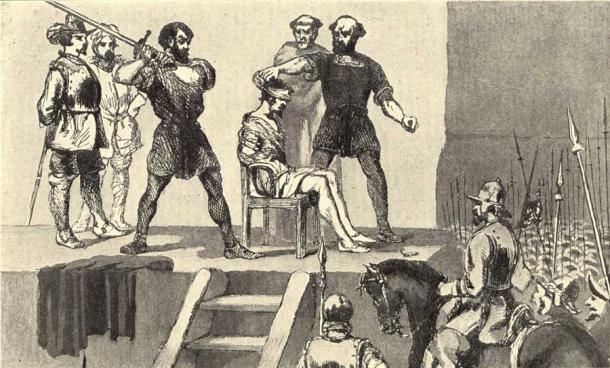 Pizarro und Vasco Nunez de Balboa waren beide große spanische Konquistadoren und erbitterte Feinde. Pizarro verhaftete Balboa, der bald darauf enthauptet wurde. Diese Zeichnung für einen Artikel in einem amerikanischen Magazin stammt von Frederick A. Ober.
