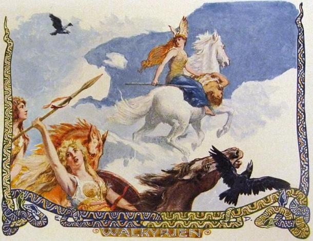 Darstellung einer Anzahl von Walküren, die auf fliegenden Pferden reiten und die Leiche eines Mannes aus der nordischen Legende halten.