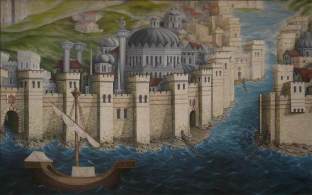 Ein Wandgemälde in den Archäologiemuseen von Istanbul, das die seewärtigen Mauern der byzantinischen Hauptstadt, das Goldene Horn mit seinen Ketten und die Genueser Kolonie zeigt