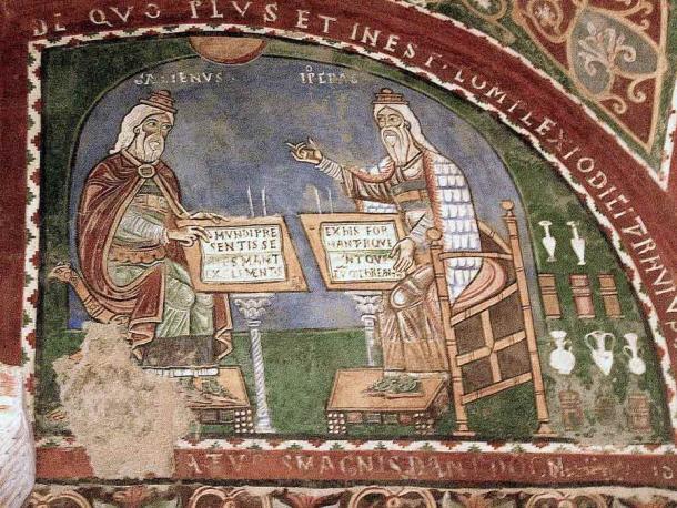 Wandgemälde aus dem 12. Jahrhundert, das sowohl Galen als auch Hippokrates in Anagni, Italien, zeigt