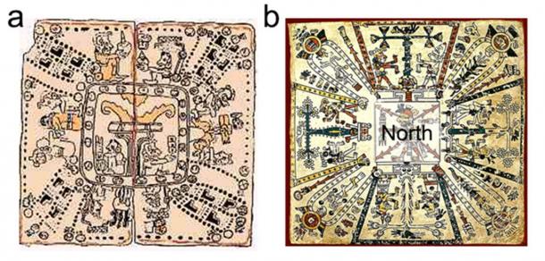 Abbildung 1. Weltbildkarten, die die Achtteilung des globalen Gitters zeigen. (a) Maya-Kosmogramm aus dem Codex Madrid. In der Mitte befindet sich der Baum des Lebens, die polare Achse, die von acht Gottheiten und verschiedenen kalendarischen Zeichen umgeben ist, die ihre spirituellen Eigenschaften definieren. (b) Aztekisches Kosmogramm aus dem Codex Fejérváry-Mayer mit einer zentralen Gottheit im Norden, von der aus die Lebensbäume in acht verschiedene Richtungen projiziert werden