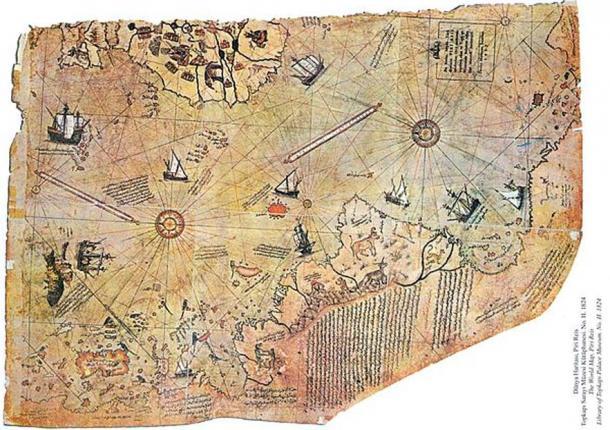 Weltkarte des osmanischen Admirals Piri Reis, gezeichnet im Jahr 1513.