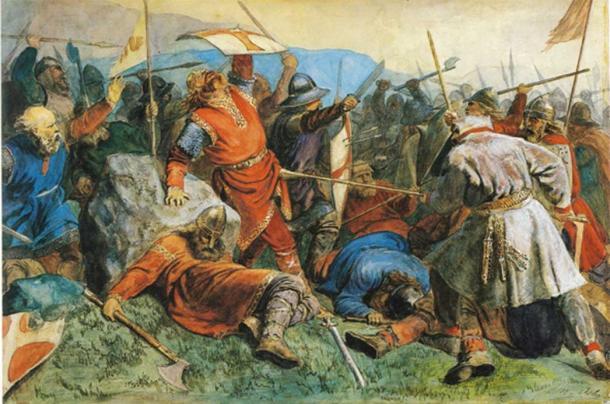 Wikingerkampfszene mit typischer Stoff- und Lederkleidung.