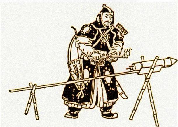 Zeichnung eines frühen mongolischen Soldaten, der eine Rakete zündet