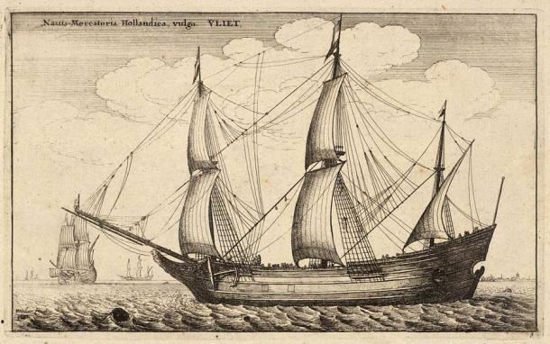Zeichnung eines typischen dreimastigen niederländischen Fluyt-Schiffs von Wenceslaus Hollar (1607-1677). 