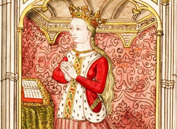 Eine Zeichnung eines 15. Jahrhundert-Fensters aus der Kirche Cordeliers in Angers zeigt Margaret of Anjou, die Frau von Henry VI, beim Beten. (Public domain)
