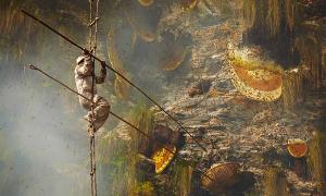 Honig sammeln an den Klippen des Himalaya in Nepal
