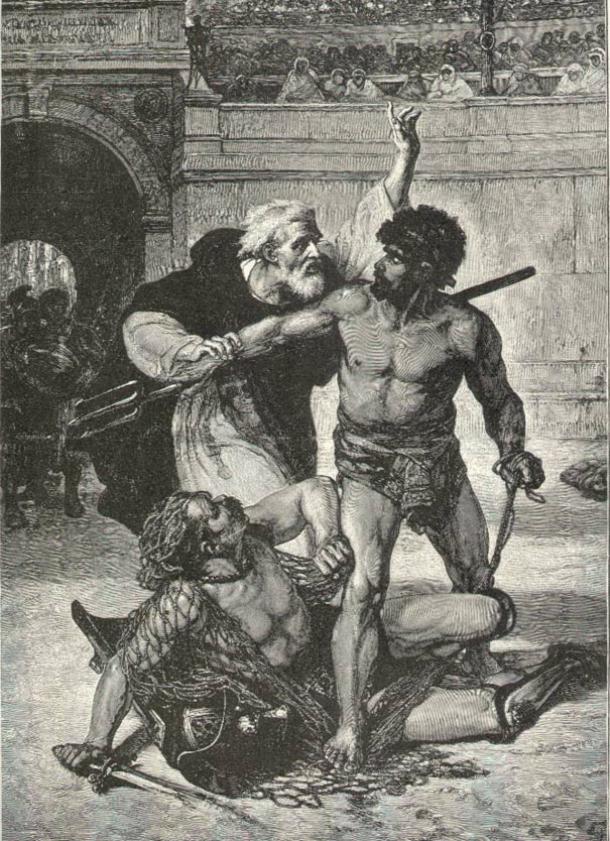 Telemachus hält zwei Gladiatoren vom Kämpfen ab. 