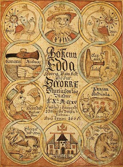 Titelblatt eines späten Manuskripts der Prosa-Edda. Snorre's Edda ist ein Snorre Sturlason zugeschriebenes Lehrbuch der Poesie, das um das Jahr 1220 geschrieben wurde und Odin, Heimdallr, Sleipnir und andere Figuren der nordischen Mythologie zeigt.