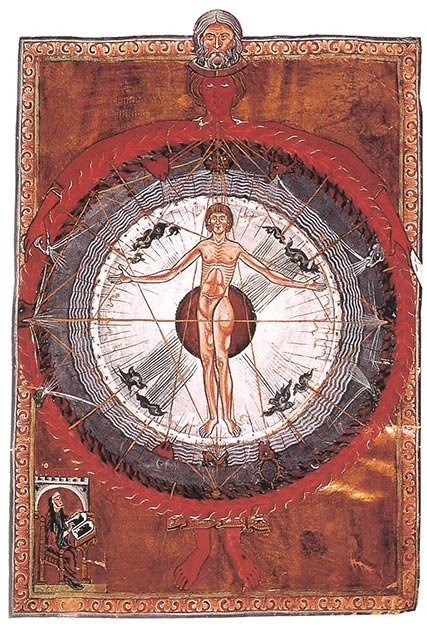 "Universal Man"-Illumination von Hildegard von Bingens Liber Divinorum Operum, I.2. Lucca, MS 1942, Anfang des 13. Jahrhunderts.