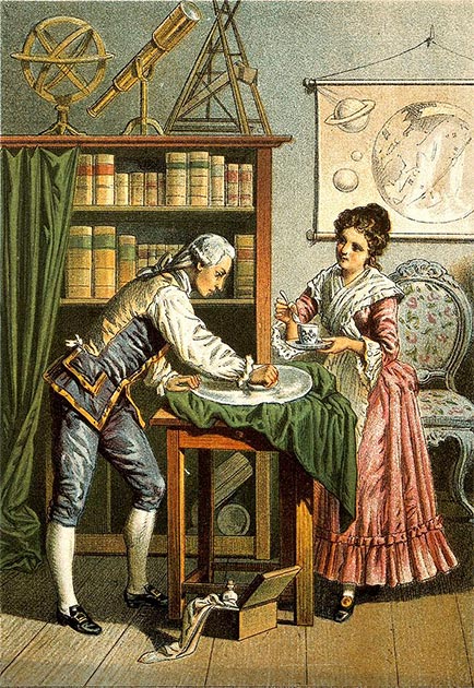 William und Caroline Herschel polieren einen Teleskopspiegel.