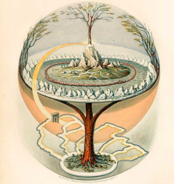 Yggdrasil, der Weltenbaum, mit den neun Welten der nordischen Mythologie, von Oluf Olufsen Bagge, 1847