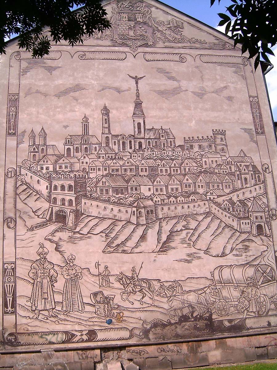 Eine Zeichnung des historischen Jaroslaw, die zeigt, wo die hölzernen Straßen an zwei Stellen von den Stadttoren abgingen.