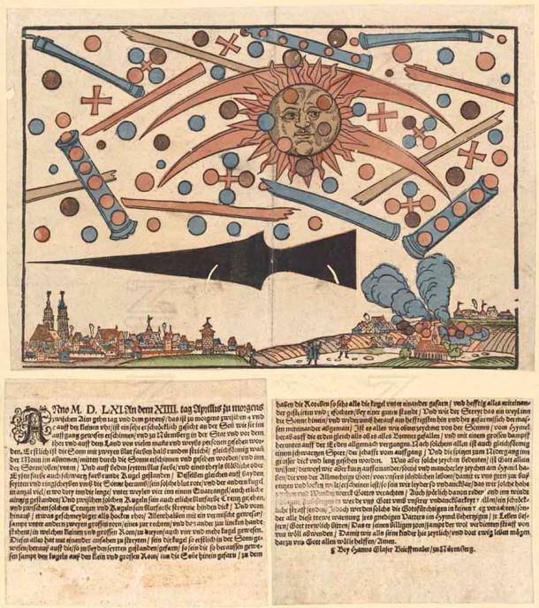 Die Himmelserscheinung über der deutschen Stadt Nürnberg am 14. April 1561, wie sie in einer illustrierten Zeitungsanzeige im selben Monat abgedruckt wurde.